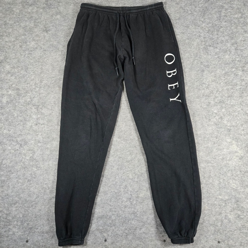 Obey Mens Black Worldwide Logo Graphic Fleece Sweatpants Small